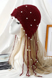 Solid Pearl Embellished Hollow Knit Hat