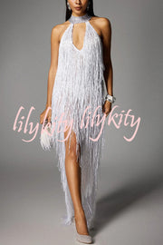 Glimmer Hour Shiny Layered Tassels Halter Cutout Neck Split Maxi Dress