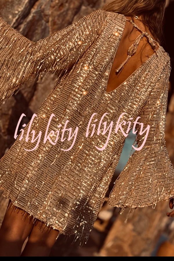 Flowing Shimmer Sequin Tassel Fabric Bell Sleeve Back Tie-up Loose Mini Dress