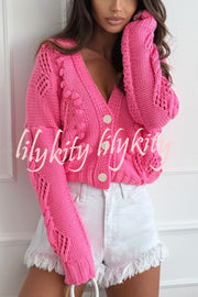 Fashion Hollow Long Sleeve V-neck Button Loose Knitted Cardigan