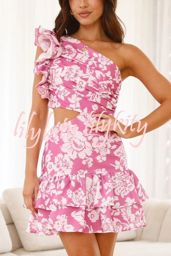 Floral Print One-shoulder Ruffled Waist Cutout Mini Dress