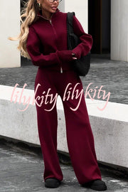 Effortlessly Stylish Ribbed Zipper High Neck Sweatshirt and Elastic Waist Pocketed Loose Pants Set