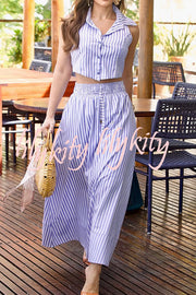 Stripe Print Lapel Sleeveless Button Top and Elastic Waist Casual Maxi Skirt Set