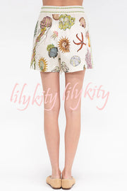 Beach Shell Print Short Sleeve Loose Shirt and Elastic Waist Tie Casual Pocket Shorts Set
