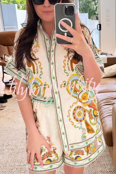 Antibes Unique Printed Loose Button-down Shirt and Pocket Elastic Waist Shorts Set