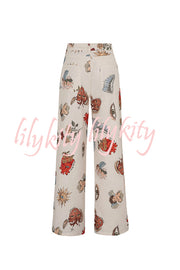 Angel Wings Denim Unique Print Mid Rise Pocket Loose Pants
