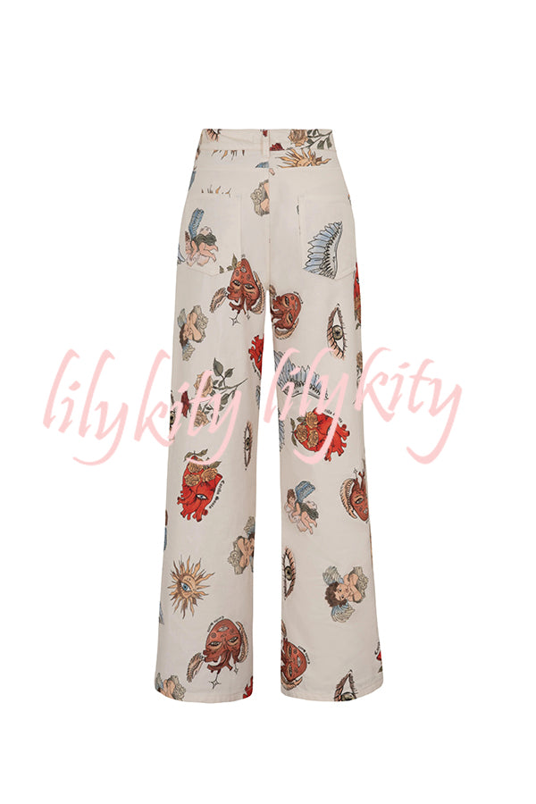 Angel Wings Denim Unique Print Mid Rise Pocket Loose Pants