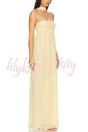 Butter Yellow Ruched Bust Off Shoulder Scarf A-line Maxi Dress