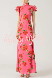 Cheongsam Style Rose Floral Print Tiered Flare Sleeve Stretch Maxi Dress