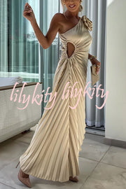 Romantic Nights Satin Raised Flower Elastic Cutout One Shoulder Pleated Maxi Dress