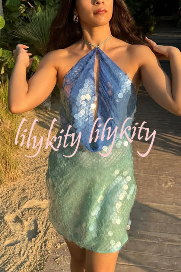 Fashion Sexy Sequined Backless Halter Neck Slim Fit Mini Dress