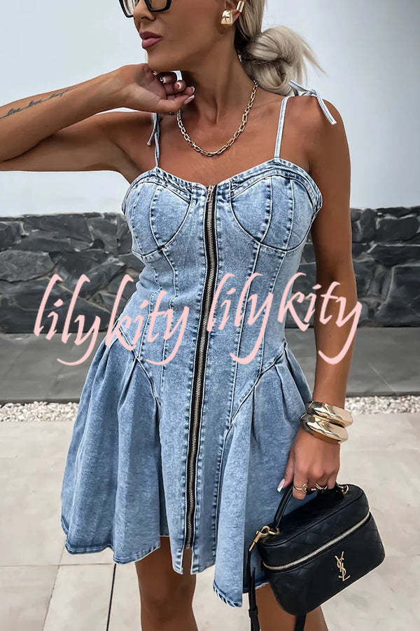 Fashionable Patchwork Suspender Zipper Slim Denim Mini Dress