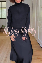 Jaelyn Solid Color Turtleneck Long Sleeve Sweater and Satin Elastic Waist Maxi Skirt Set