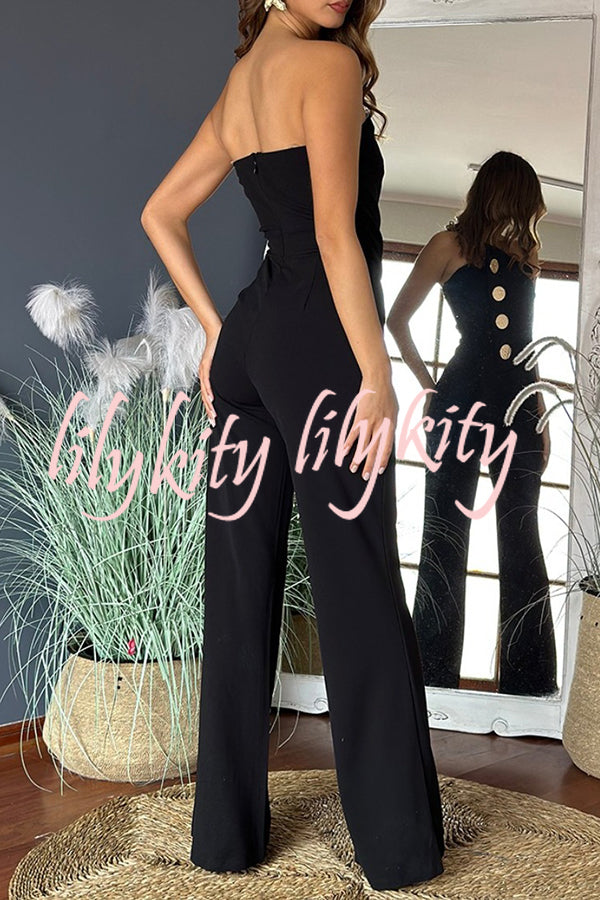 Solid Color Sexy Tube Top Gold Button Embellished Bootcut Jumpsuit