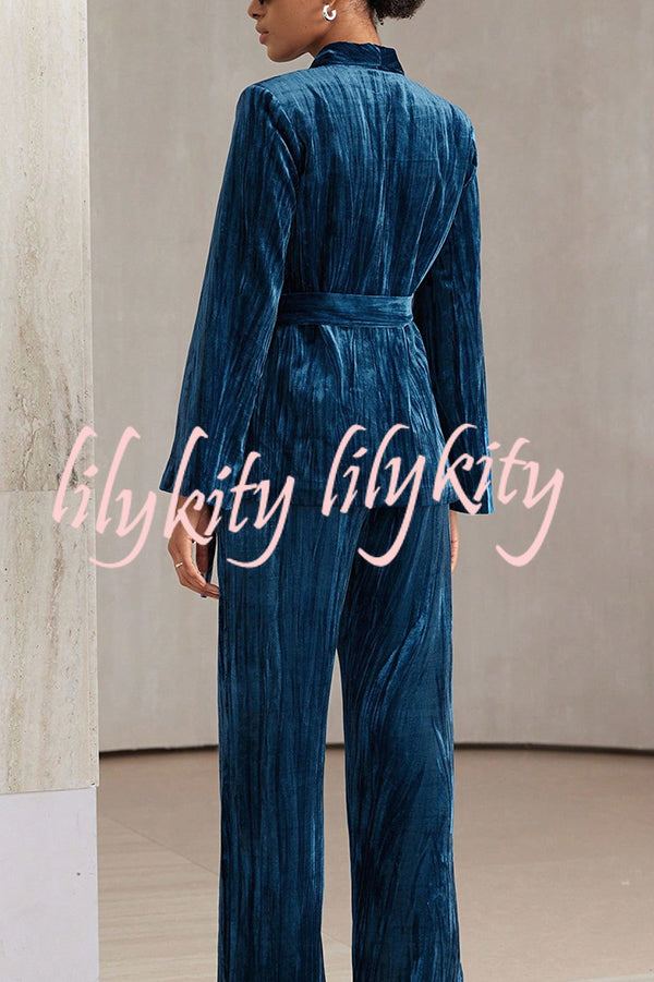 Solid Color Velvet Pleated Long-sleeved Tie Top and Casual Pocket Straight-leg Pants Set
