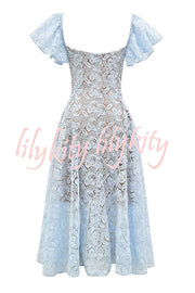 Romantic Atmosphere Bluebell Lace Butterfly Sleeve Sweetheart Neck Stretch Midi Dress