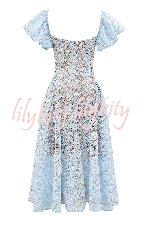 Romantic Atmosphere Bluebell Lace Butterfly Sleeve Sweetheart Neck Stretch Midi Dress