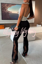 Dazzling Night Sequin Halter Cowl Neck Backless Tank