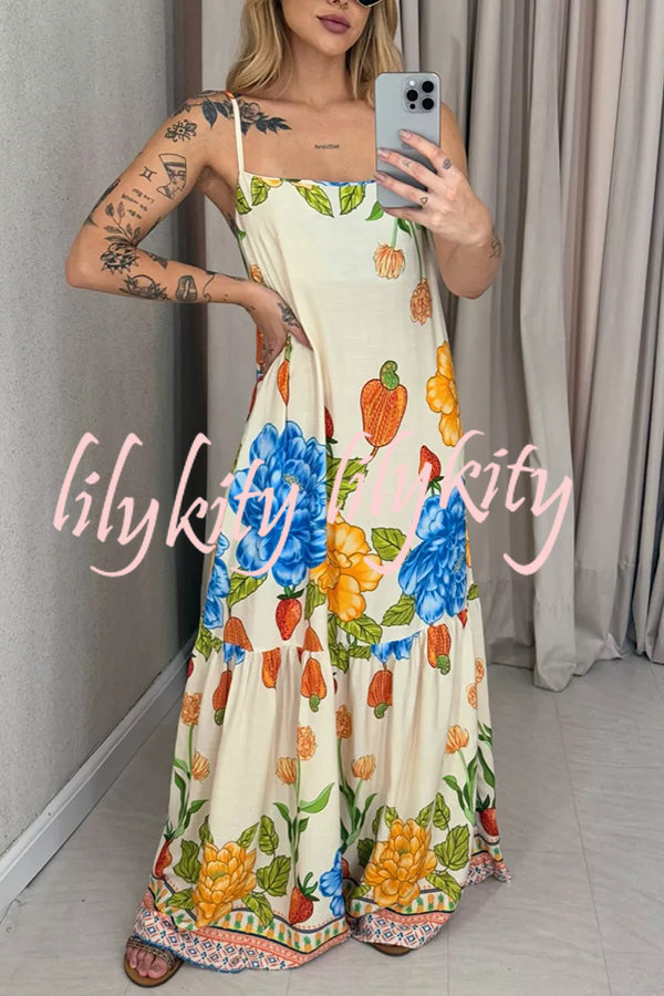 Floral Print Halter Back Loose Pocket Full Hem Maxi Dress