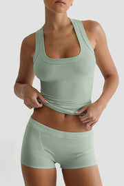 Fashionable Sports Yoga Style Sleeveless Square Neck Top and Elastic Slim Shorts Set