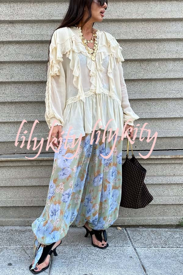 Autumn Boho Chiffon Lace Trim Ruffle Balloon Sleeve Blouse