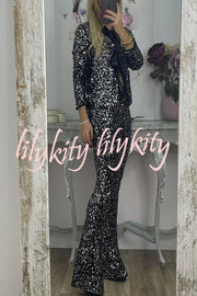 Holiday Cheer Sequin High Rise Elastic Waist Flared Stretch Pants