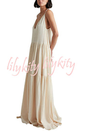 Beach Day Linen Blend Back Tie-up A-line Layered Maxi Dress