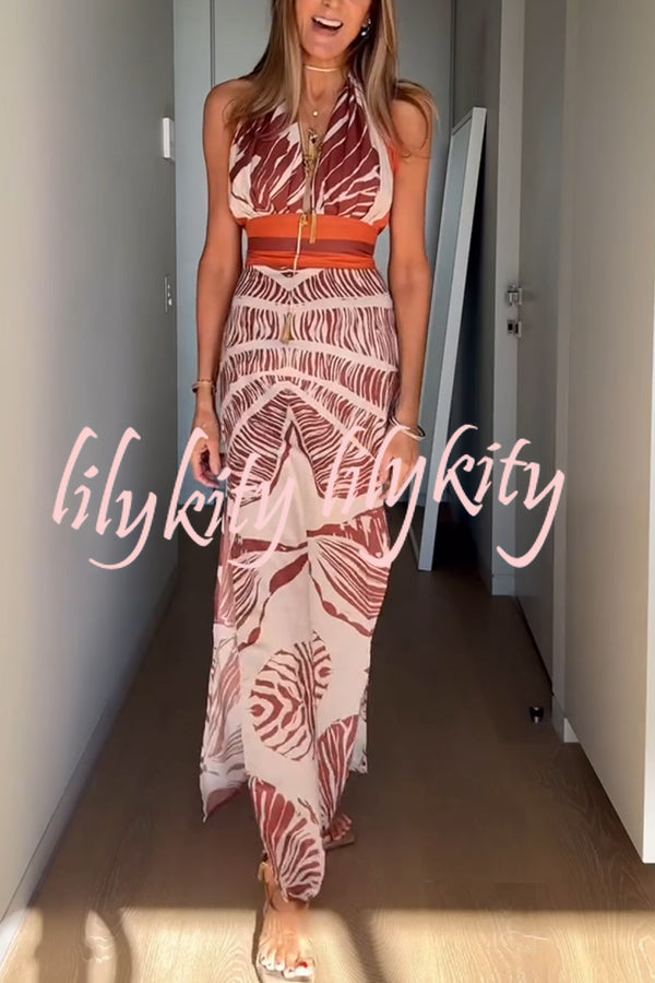 Vacay Bound Linen Blend Unique Botanical Print Halter Maxi Dress