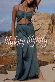 Elouise Linen Blend Draped Braids Crop Tank and Wrap Tie-up Slit Maxi Skirt Set