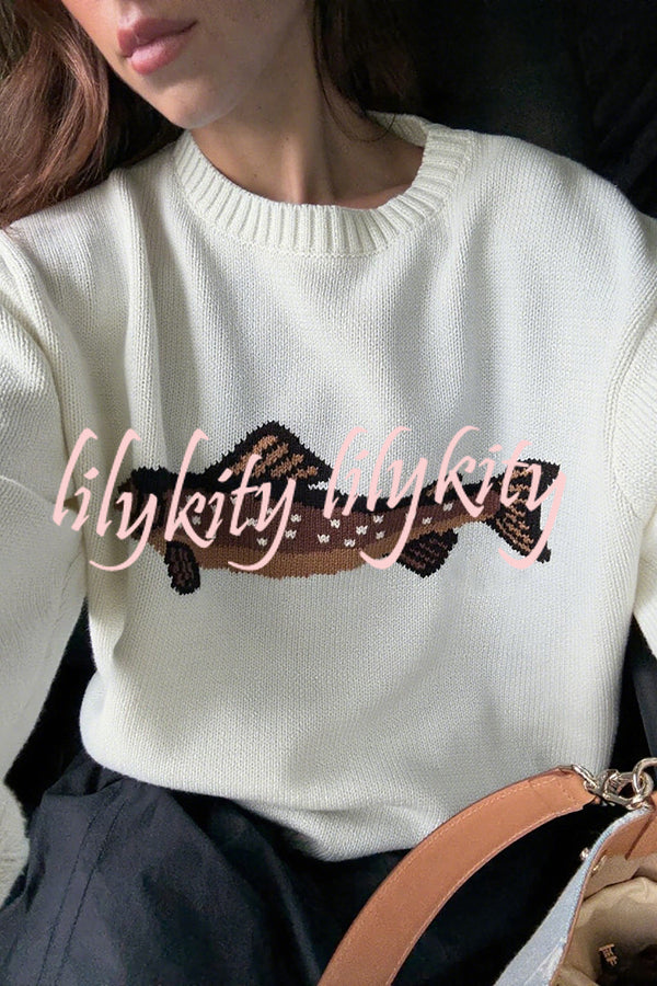 Fashionable Fish Pattern Round Neck Loose Knitted Sweater