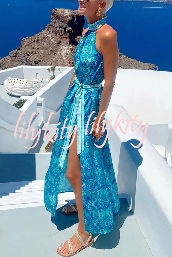 Unique Print Sexy Off-the-shoulder Waist Tie Slit Holiday Midi Dresses