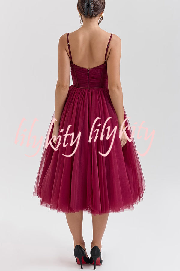 Royal Treatment Tulle Bows Detail Ruched Slip Midi Dress