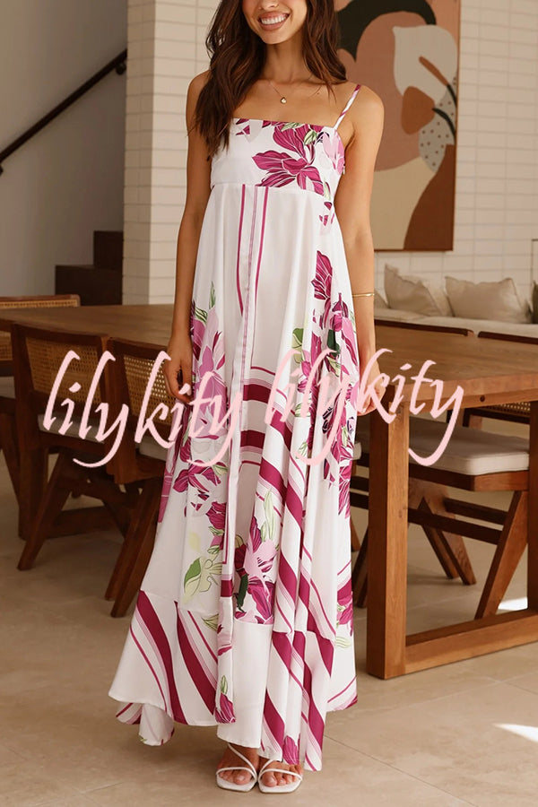 Botanical Print Halter Square Neck Pleated Loose Maxi Dress