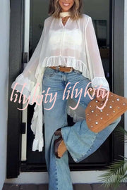 Flowy See-through Ruffle Tie-up Neck Bell Sleeve High-low Hem Cape Shirt