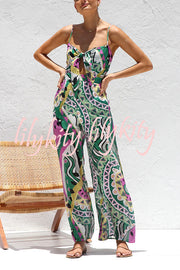 Unique Printed Suspender Back Pleated Pocket Wide-leg Jumpsuit