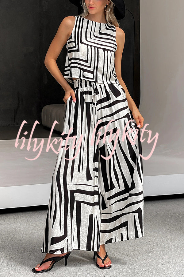 Striped Printed Sleeveless Casual Top and Elastic Waist Loose Pocket Wide-leg Pants Set