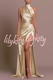 Satin Sexy Halter Neck Sleeveless High Slit Slim Maxi Dress