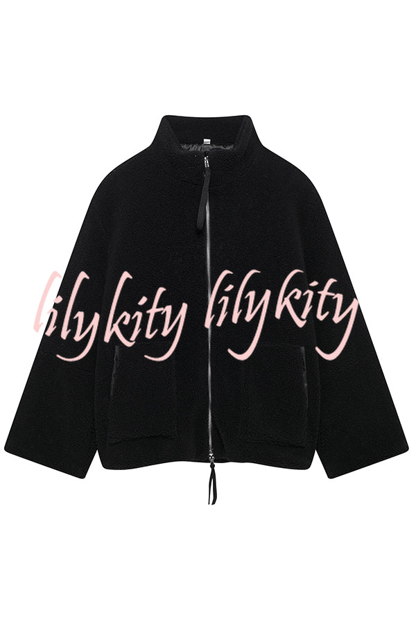 Solid Color Stitching High Collar Long Sleeve Loose Pocket Woolen Coat