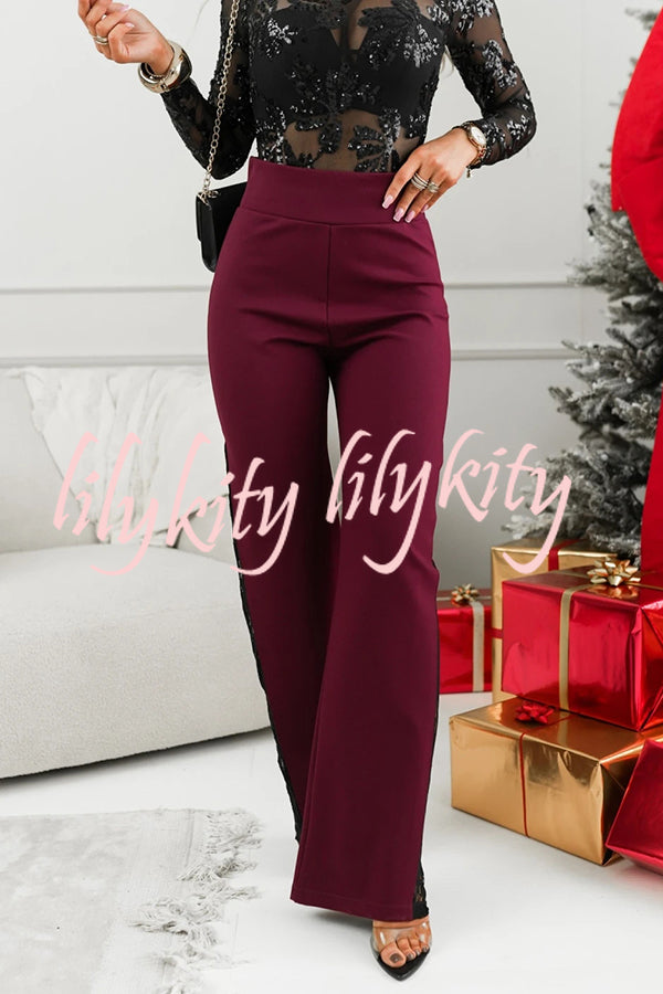 Joelie High Rise Elastic Waistband Side Lace Patchwork Flare Pants
