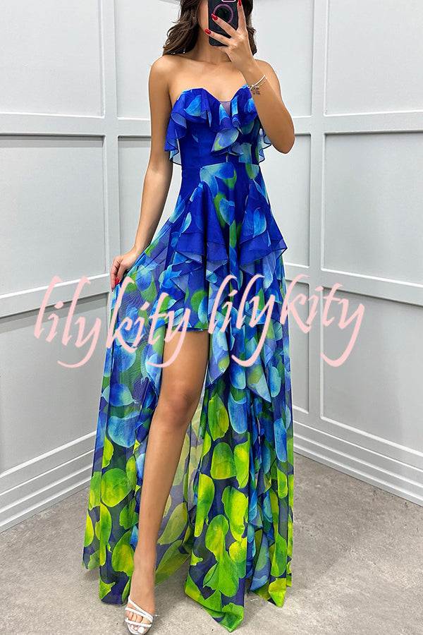 Loving Moment Gradient Unique Print Flowing Layered Ruffles Strapless Slit Maxi Dress