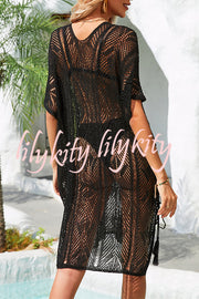 Knitted Hollow V Neck Tie Slit Cover Up