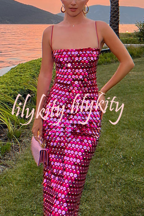 Sexy Sequined Halter-neck Backless Slim Fit Slit Midi Dress