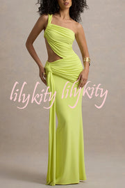 Sexy One-shoulder Backless Ribbon Pleated Slim Maxi Dress