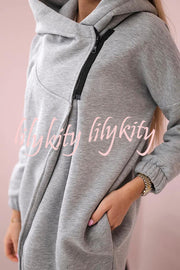 Solid Color Loose Hooded Zip-up Casual Sports Jacket