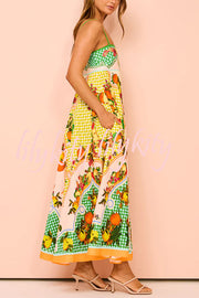 Enjoy Summer Lemon Linen Blend Unique Print Smocked Back Pocket Maxi Dress