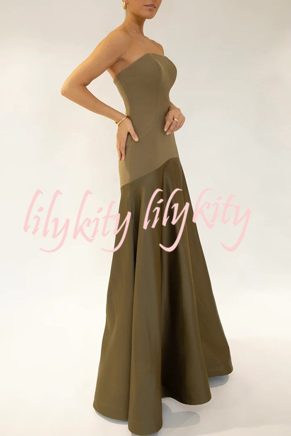 Timeless Elegance Satin Patchwork Strapless Flare Gown Maxi Dress