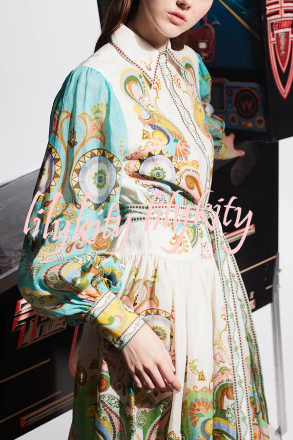 Hello Vacay Unique Print Balloon Sleeve Belt Shirt Midi Dress