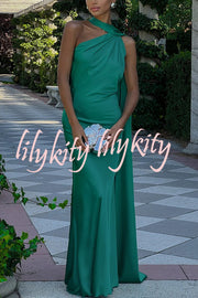 Crush on You Satin One Shoulder Backless Cape Maxi Dress