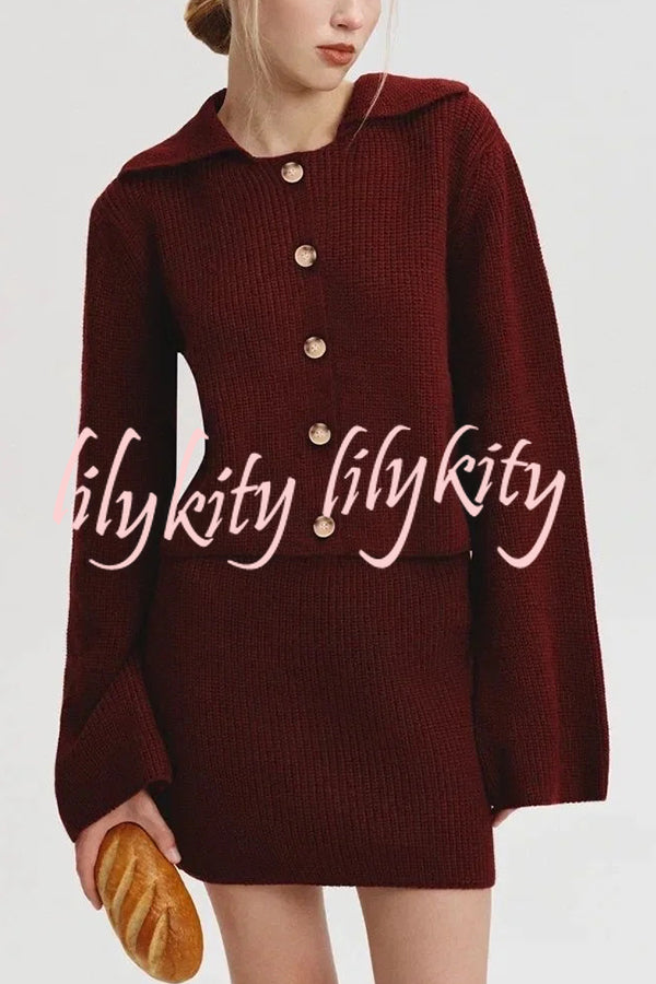 Fashion Lapel Bell Sleeve Knitted Cardigan and Casual Mini Skirt Set