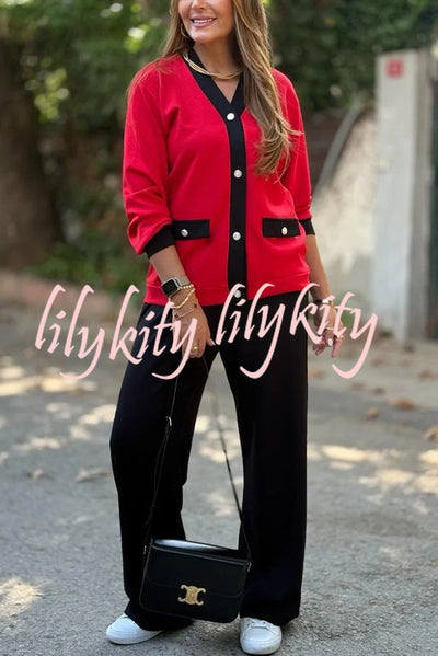 Stylish Color-blocked V-neck Knitted Button-down Cardigan and Elastic Waist Casual Wide-leg Pants Set